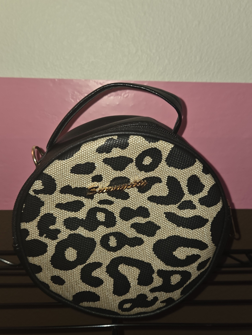 Leopard Print Round Crossbody Bag - Black & Cream